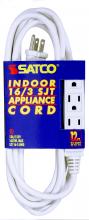 Satco Products 93/5049 - 12 Foot Extension Cord; White Finish; 16/3 SJT; Indoor Only; 13A-125V-1625W Rating